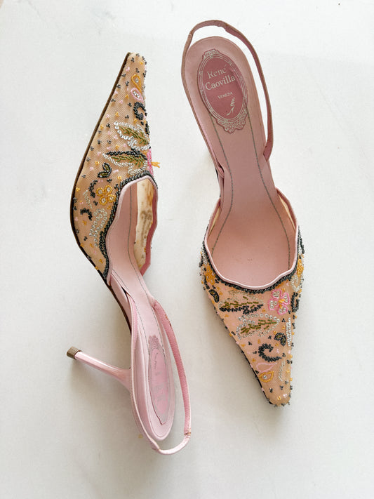 René Caovilla Pink Beaded Slingback Heels (41) — Angled view of the pink beaded slingback heels