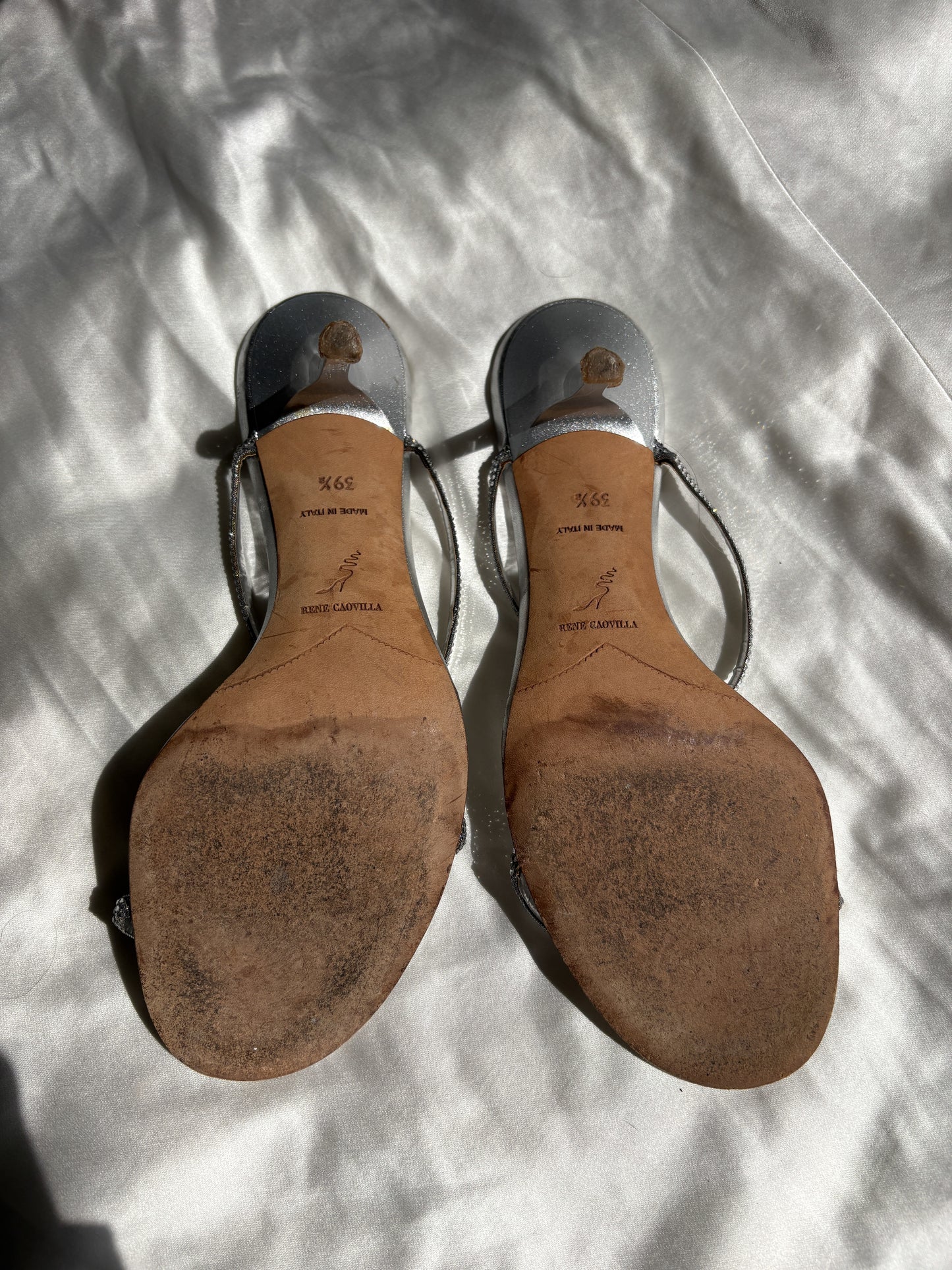 René Caovilla Silver Crystal Strap Mules (39.5)