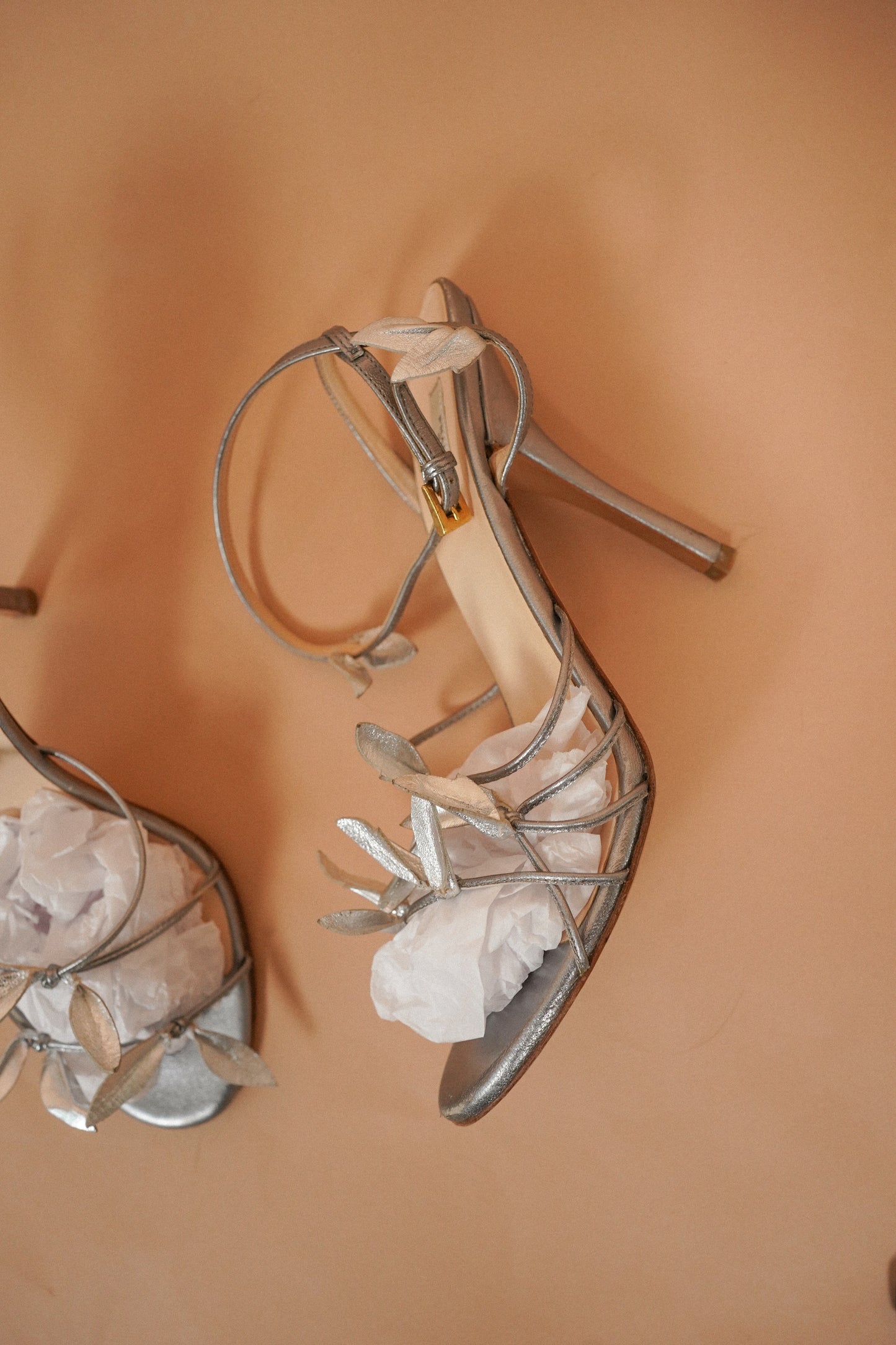 Prada Silver Leaf Embellished Strappy Heels (38)