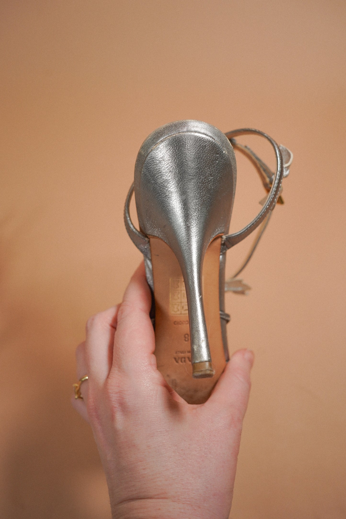 Prada Silver Leaf Embellished Strappy Heels (38)