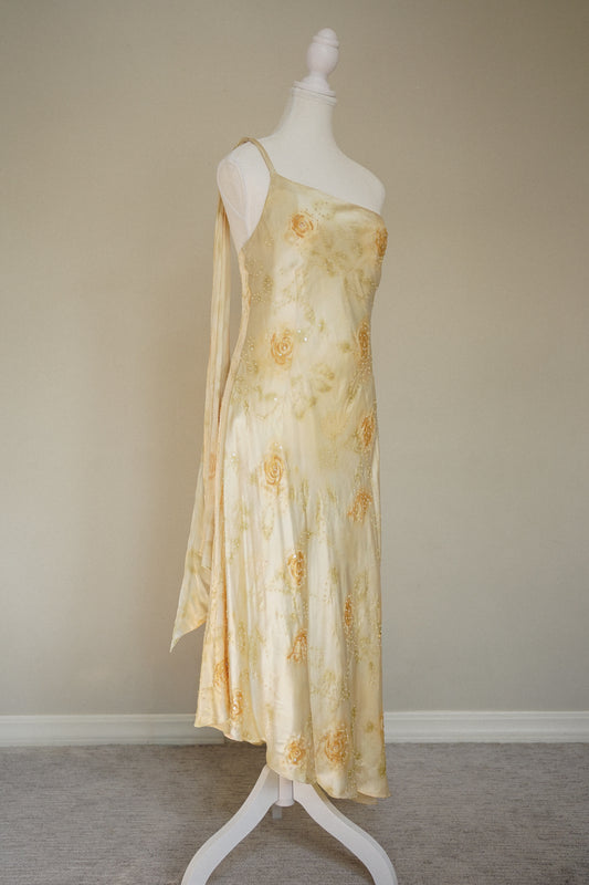 Bob Mackie Yellow Silk Floral Beaded Dress