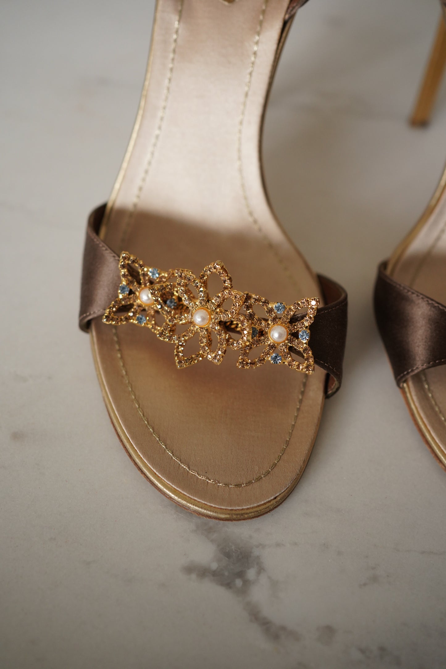 René Caovilla Crystal Embellished Flower Satin Ankle Strap Heels (38)