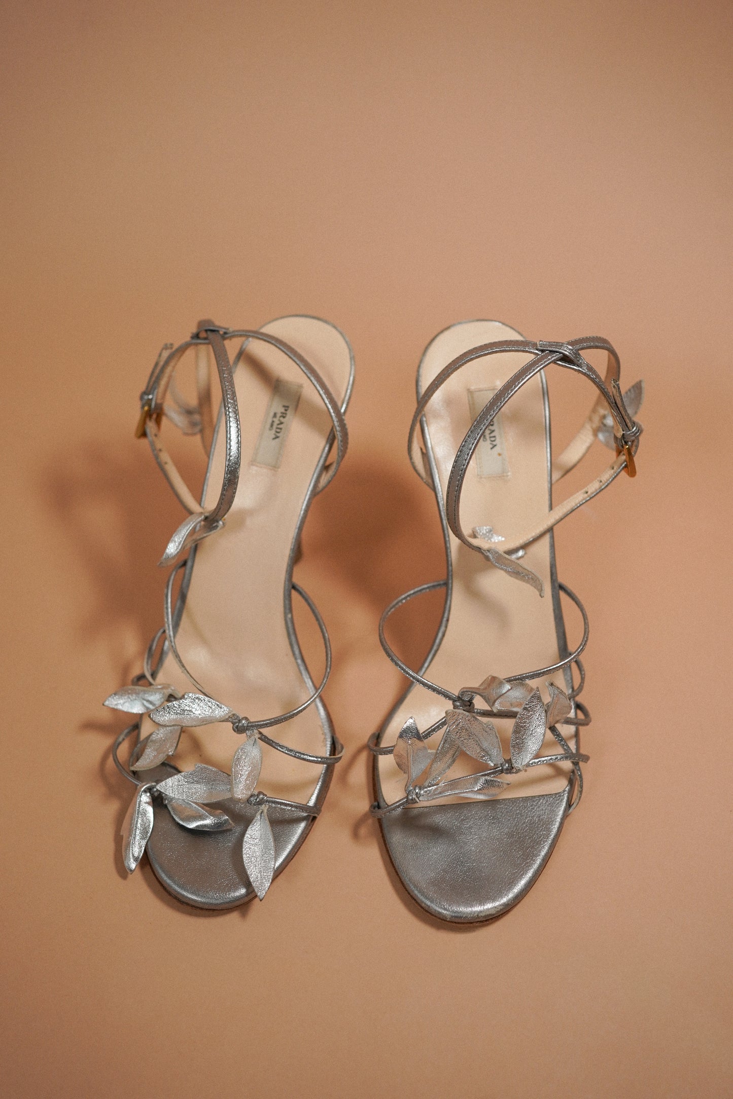 Prada Silver Leaf Embellished Strappy Heels (38)