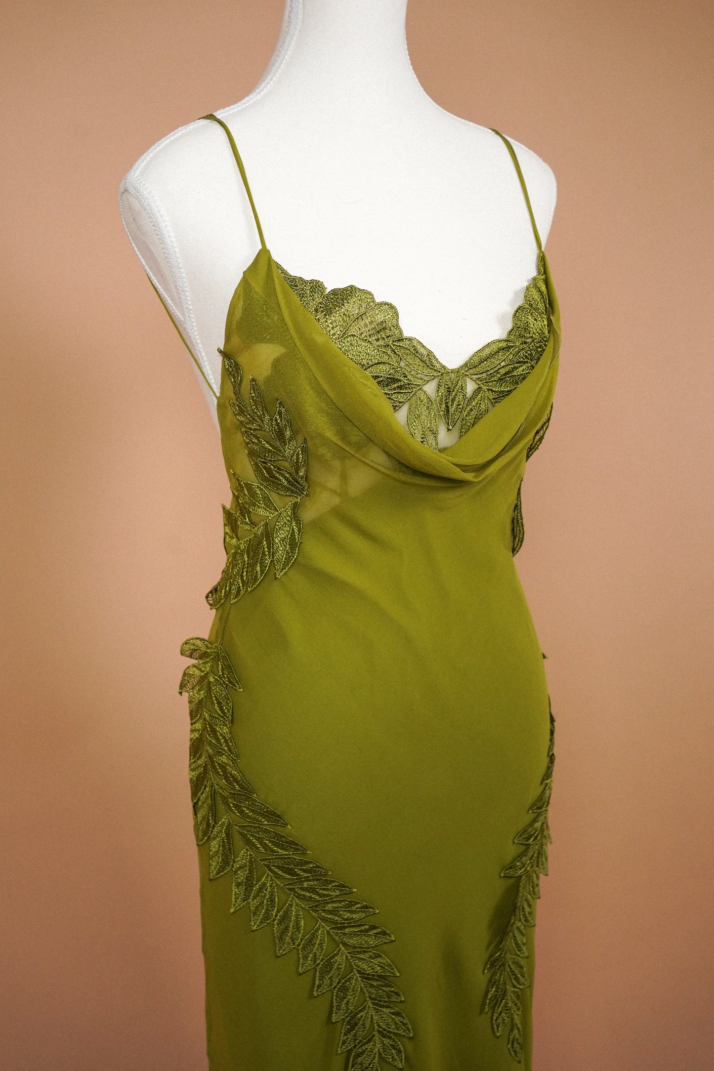 Alberta Ferretti Olive Green Silk Leaf Appliqué Slip Dress (M)