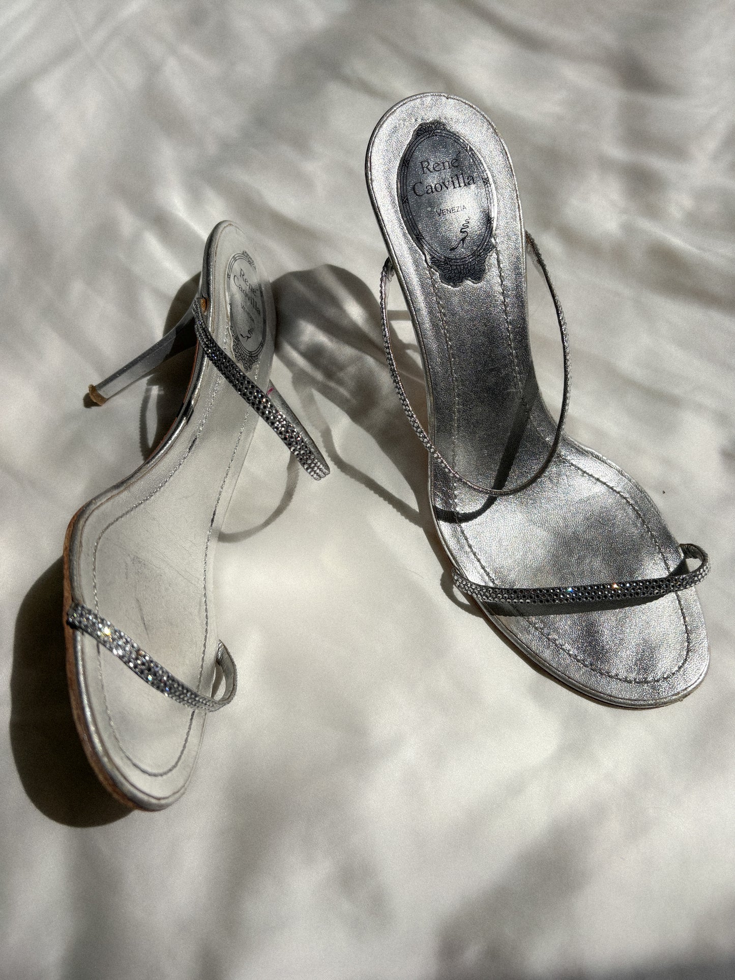 René Caovilla Silver Crystal Strap Mules (39.5)