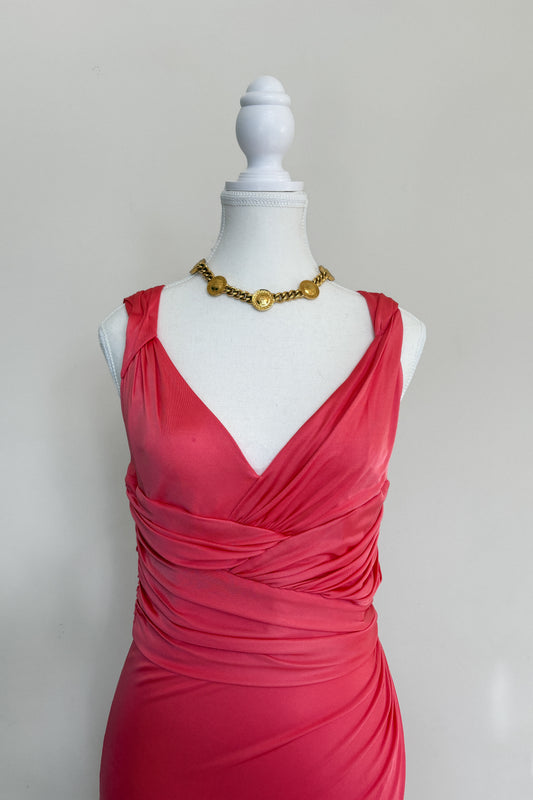 Versace Coral Dress — Close-up of the draped V neckline