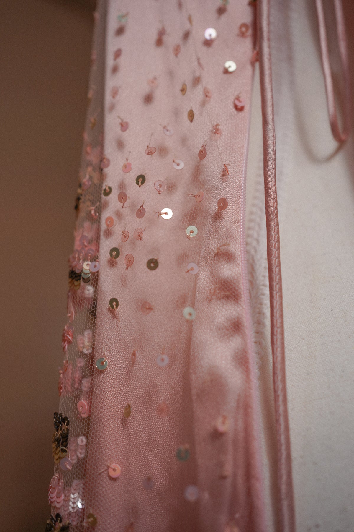Valentino 00’s Pink Sequin Embellished Evening Gown — Close-up of the embellished side seam