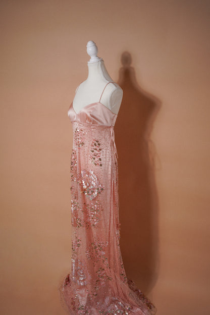 Valentino 00’s Pink Sequin Embellished Evening Gown — Side view of the pink gown