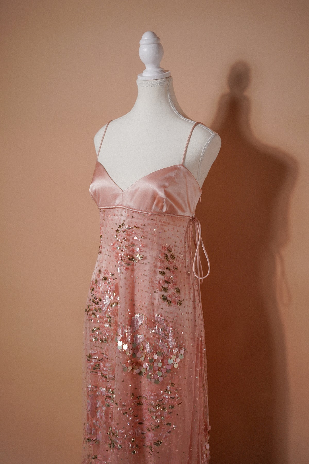 Valentino 00’s Pink Sequin Embellished Evening Gown — Side angle of the bodice and skirt
