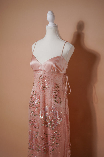 Valentino 00’s Pink Sequin Embellished Evening Gown — Side angle of the bodice and skirt