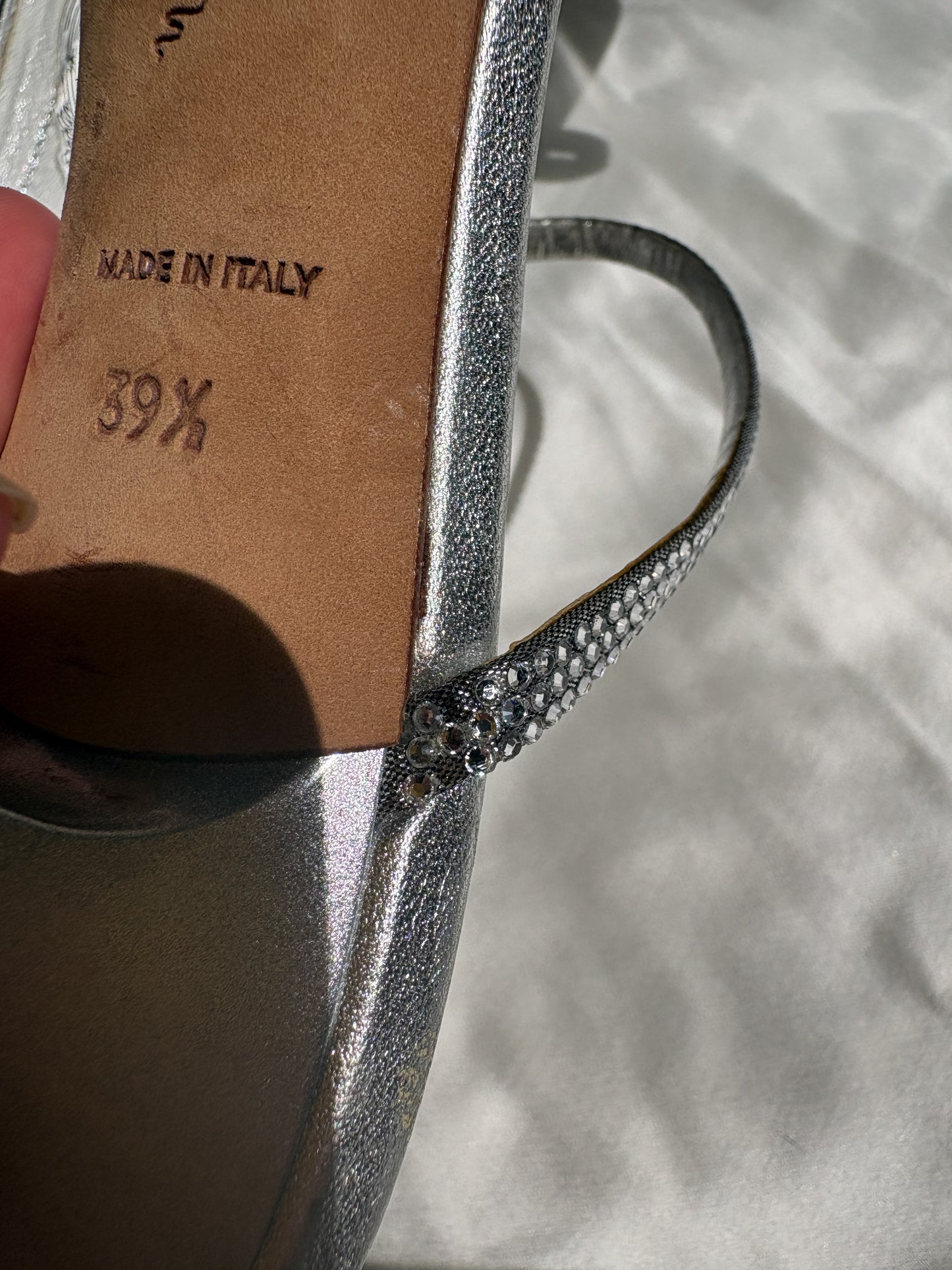René Caovilla Silver Crystal Strap Mules (39.5)