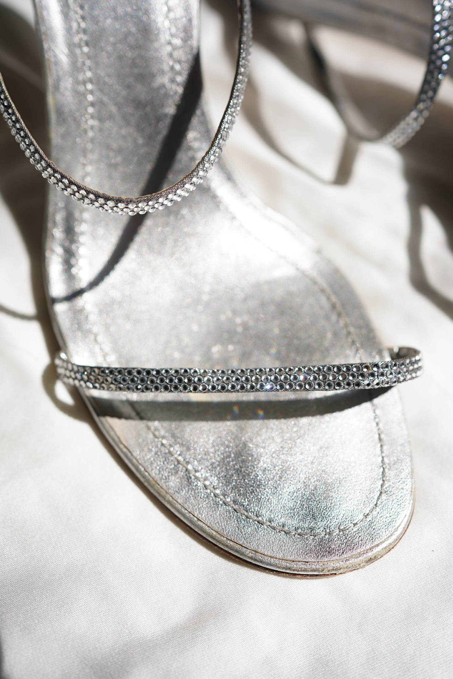 René Caovilla Silver Crystal Strap Mules (39.5)