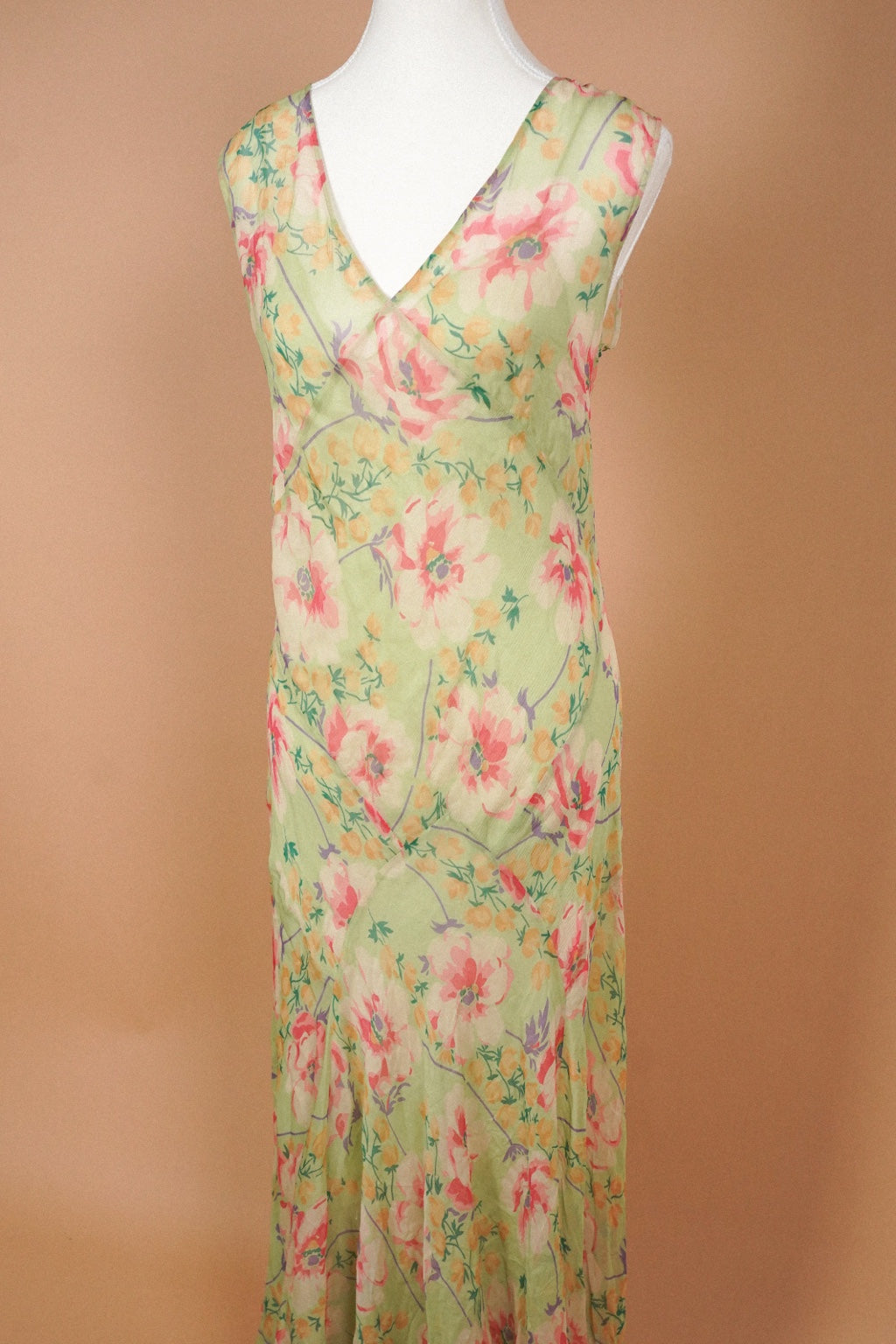 Ralph Lauren pastel green floral sleeveless dress, front view